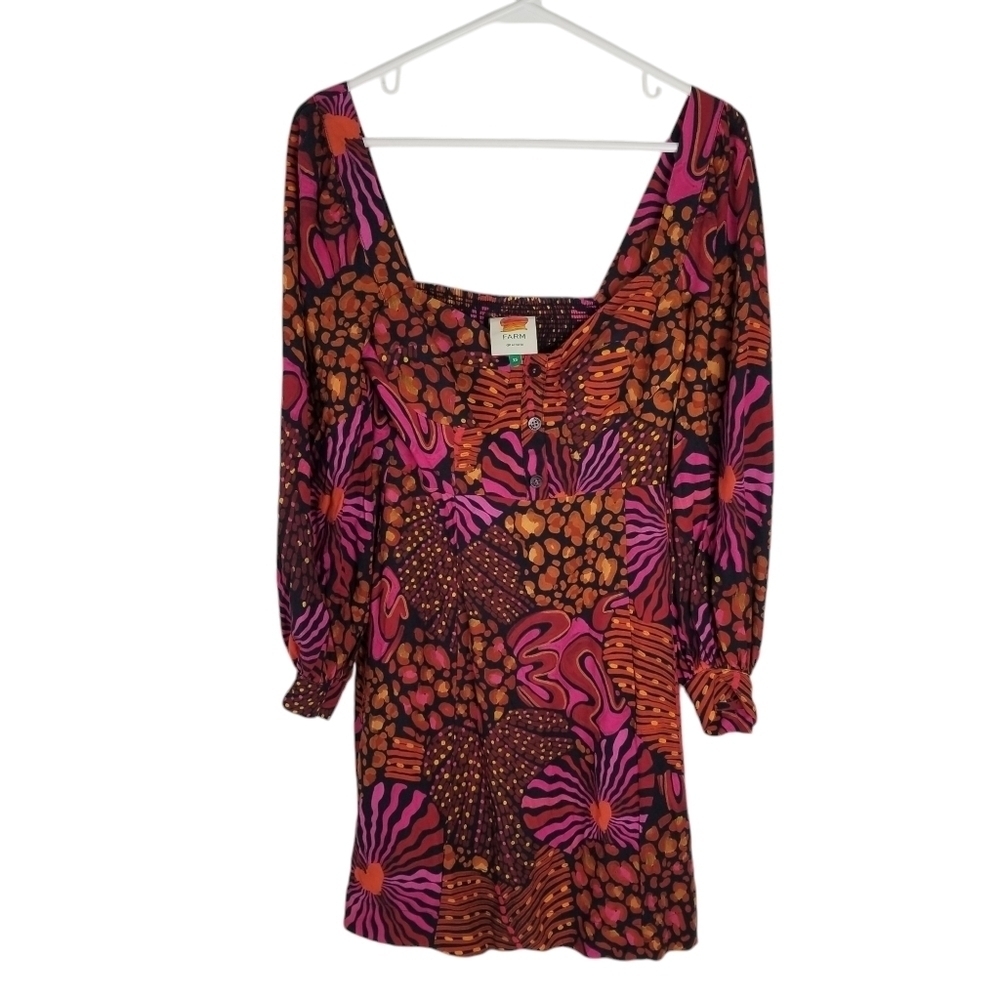 Farm Rio Leopard Hearts Long Sleeve Mini Dress Size XS Sweetheart Neckline - Picture 3 of 16